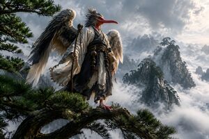 霧の山の松の枝に立つ鼻の長い天狗