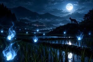 夜の田んぼに浮かぶ狐火と狐の影