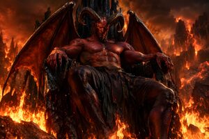 炎の中の黒い岩の玉座に座る角と翼の悪魔