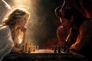 チェス盤を挟んで向かい合う天使と悪魔