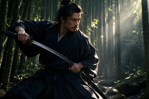 竹林で刀を抜く30代の侍