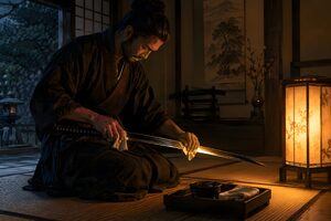 行灯の明かりで刀を手入れする侍