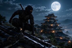 満月の城の屋根にしゃがむ黒装束の忍者