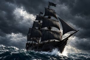嵐の海を進む黒い帆の海賊船