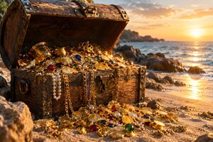 砂浜で金貨と宝石があふれる宝箱