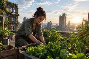 廃墟の屋上で野菜を育てる女性