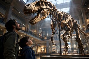博物館の巨大な恐竜の骨格を見上げる父と息子