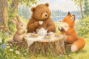 切り株でお茶会をする森の動物たち