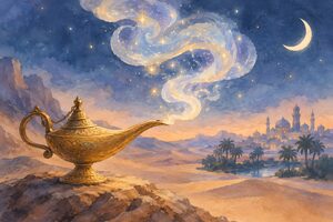 三日月の砂漠の夜に光があふれる魔法のランプ