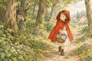 森の道をバスケットを持って歩く赤いずきんの女の子