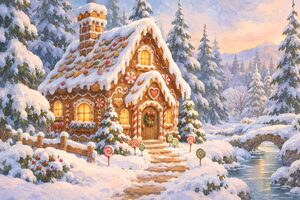 雪の森に建つあたたかな光のお菓子の家