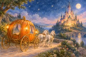 星空の下お城へ向かうかぼちゃの馬車
