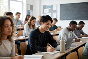 海外の大学の教室でノートを取る日本人学生