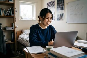 寮の部屋から家族にビデオ通話する留学生