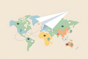 世界地図を飛ぶ紙飛行機のイラスト