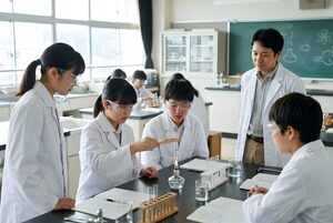 安全メガネで実験する中学生たち