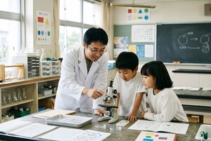 顕微鏡の使い方を教える理科の先生