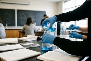 ビーカーから液体を注ぐ手元