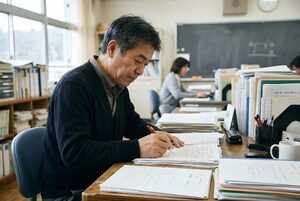 赤ペンで採点する先生の手元