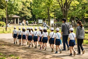 列になって歩く遠足の小学生たち