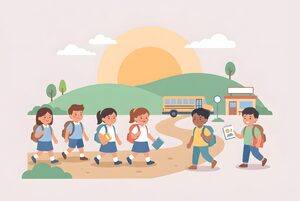 遠足に出かける子どもたちのイラスト
