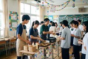 模擬店でお菓子を売る文化祭の高校生たち