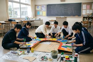 文化祭の看板づくりをする生徒たち