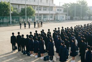 校庭に並んで朝礼を聞く中学生たち