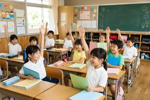 終業式の日に笑顔で手を挙げる子どもたち