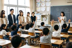 教室の後ろで授業を見守る保護者たち