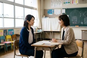 先生と面談をする母親