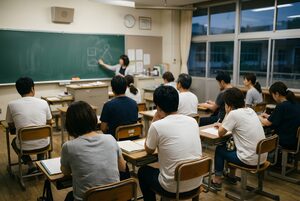 教室の椅子に座って先生の話を聞く保護者たち