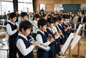 鍵盤ハーモニカとリコーダーを演奏する小学生たち