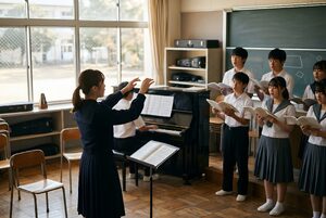 合唱の練習で指揮をする女子生徒