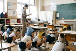 防災頭巾をかぶって机の下に隠れる子どもたち