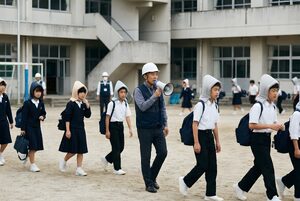 拡声器で避難を誘導する教員