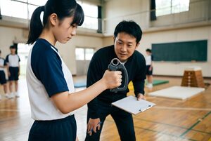 握力を測る女子生徒