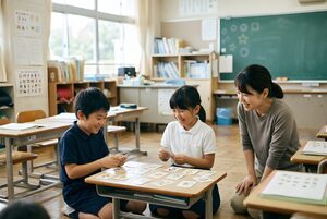 カードゲームで英語を学ぶ小学生