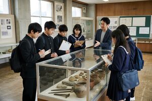 歴史資料館で展示を見る中学生たち