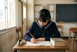 原稿用紙に向かう女子生徒