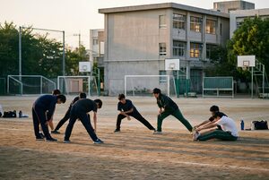 放課後に準備運動をする陸上部員たち
