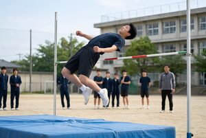背面跳びでバーを越える陸上部員