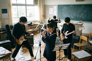 部室で演奏する軽音楽部のバンド