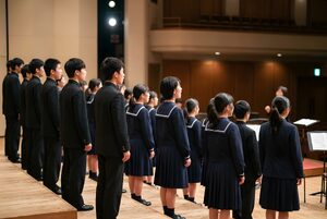 コンクールのステージに並ぶ合唱部員たち