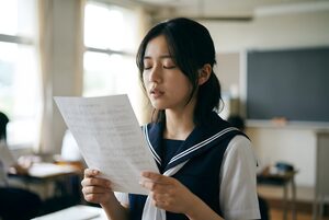 楽譜を持って歌う女子部員