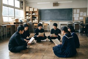 輪になって台本を読む演劇部員たち