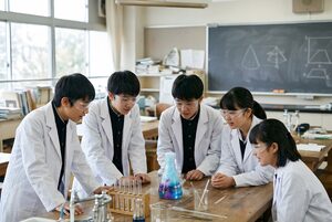 色の変化を見つめる科学部員たち
