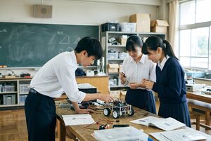 ロボットを組み立てる科学部員たち
