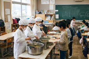 白衣と帽子で配膳する給食当番の子どもたち