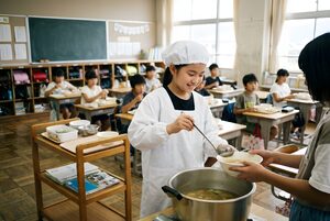 お玉でおかずをよそう給食当番の女の子